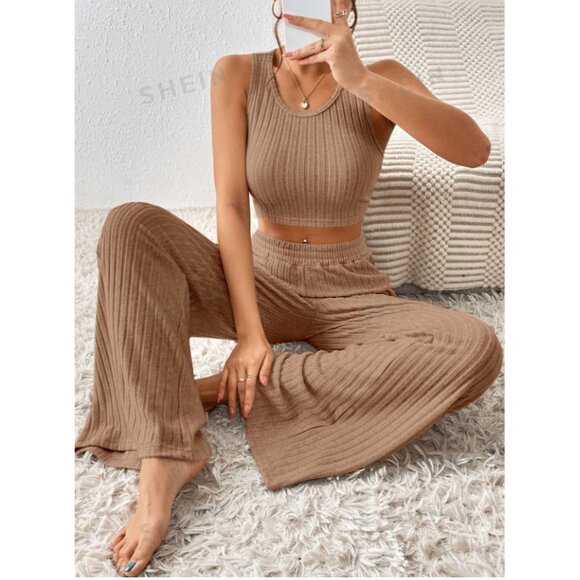 SHEIN Other - French Solid Crop Tank Top & Wide Leg Pants in Coffee Brown Size